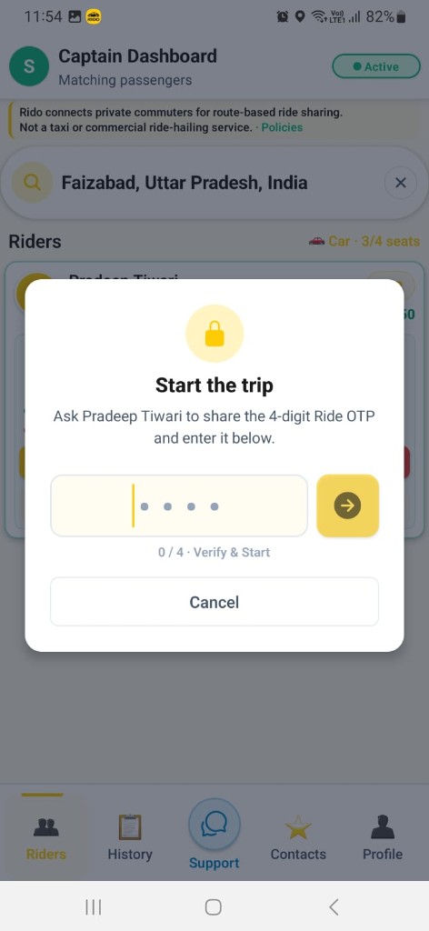 Rydo Captain Dashboard — active ride with OTP