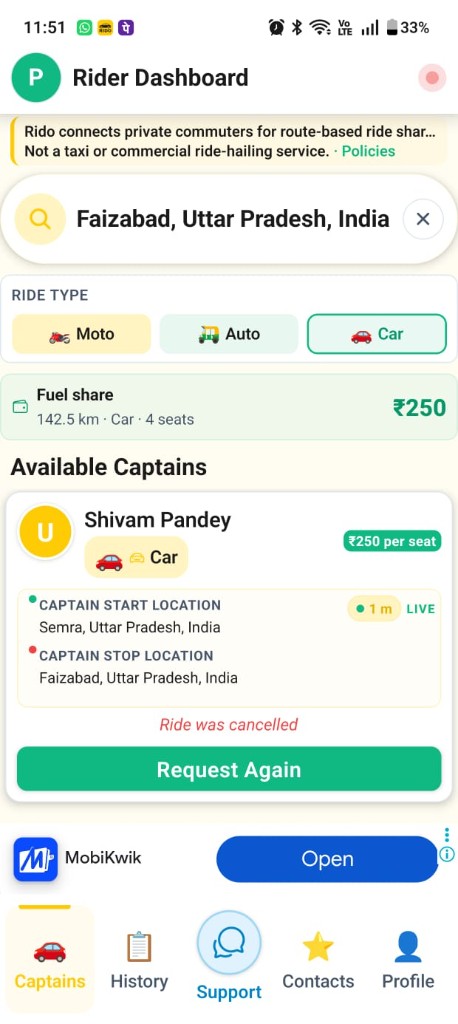 Rydo Rider Dashboard — find captains on your route